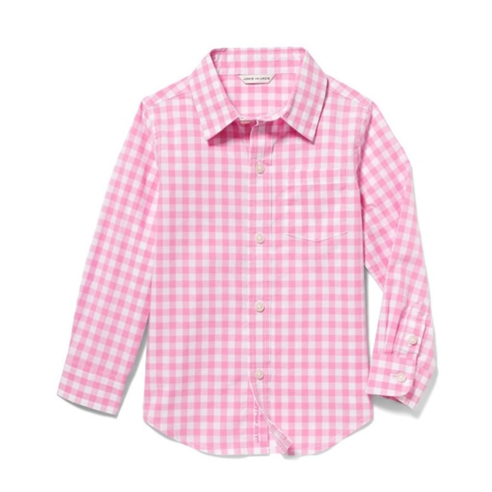 Janie and Jack Gingham Shirt Poplin pink white button up Kids size 10‎